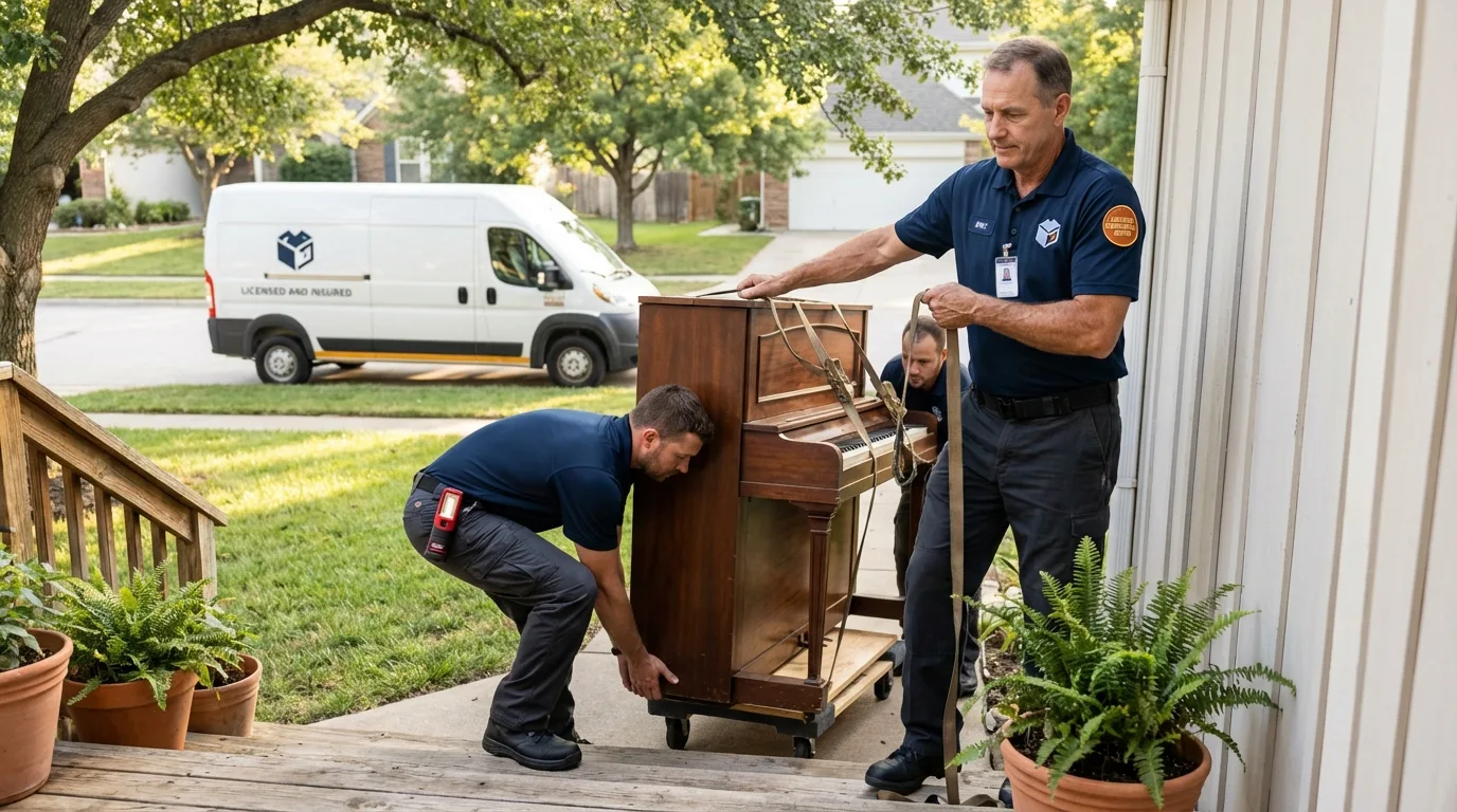 Licensed piano movers securing grand piano in Lindley, NY