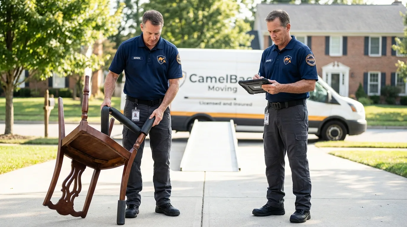 Movers inspecting furniture for damage prevention before loading in Lindley, NY