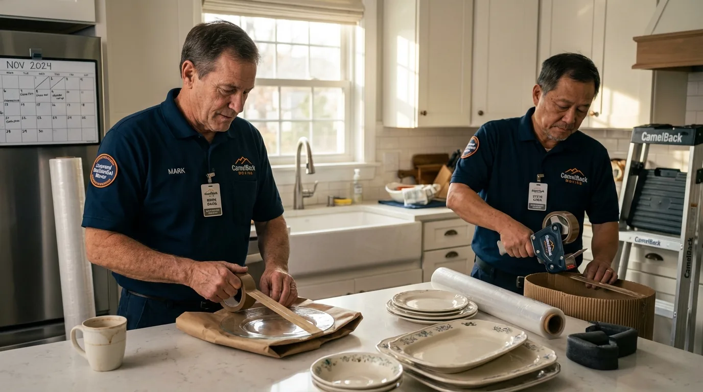 Professional crew packing kitchen dishware in Lindley, NY